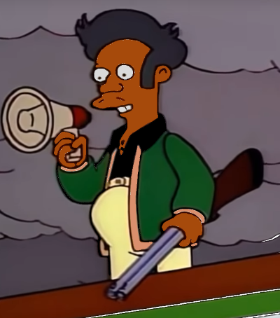 Apu sosteniendo una escopeta sobre el techo del minisuper